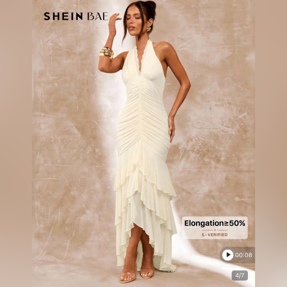 SHEIN Cream Halter Ruched High-Low Tiered Maxi Dress